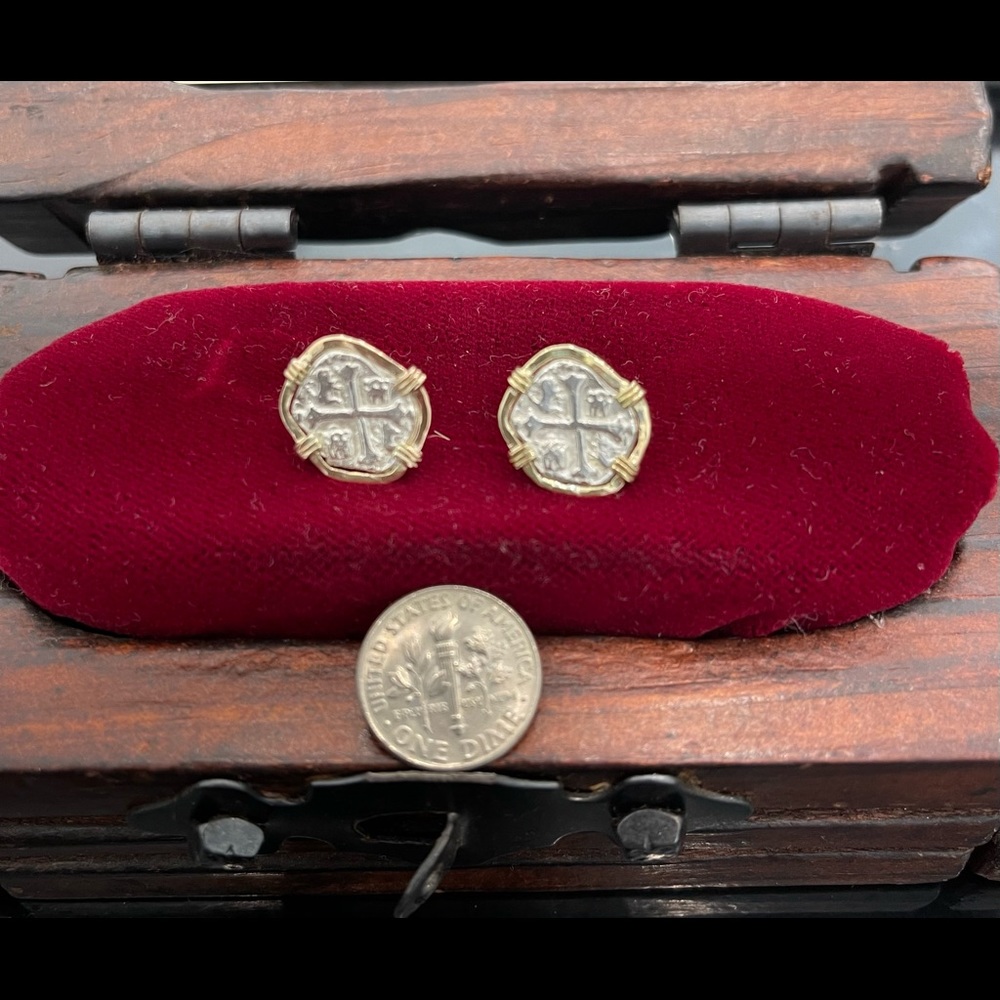 Beautiful Atocha shipwreck coin studs in 14k solid gold bezel